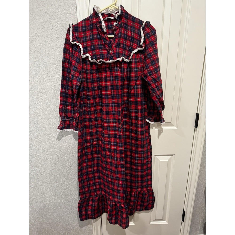 Flannel Plaid Nightgown Ruffle Red Cottagecore Holiday Christmas Granny Medium